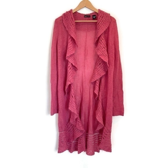 Vintage Sweaters - Vintage Y2K Moda International Mohair Blend Long Duster Ruffled Cardigan, Size M
